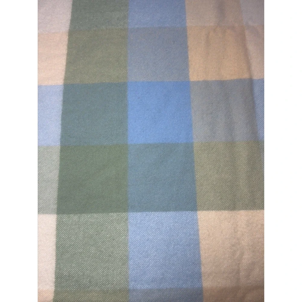 LL Bean Wool Blanket King Plaid Check Whipstitch Hem Blue Green Cream Lodge Camp